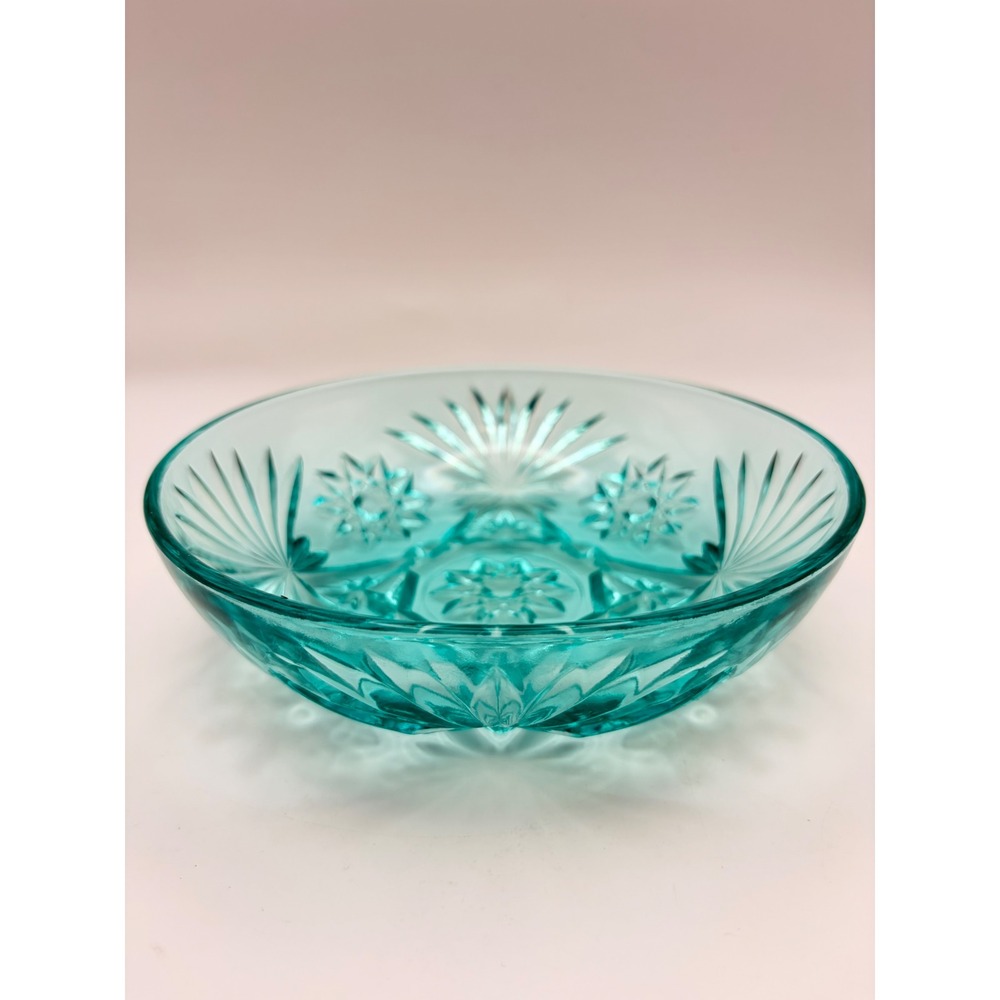 Rare Vintage Anchor Hocking Aqua Blue Star of David Prescut Glass Bowl 7" EAPC